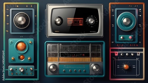 Vintage Audio Equipment Iconic Cassette Tapes Radios and Old-School Technology, Digital Music Icons Vector Illustration of Sound Equipment and Media Players, Stereo and Speaker Set Classic Music Techn