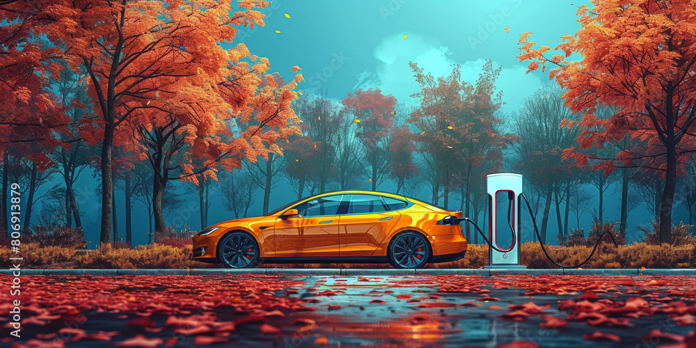 Obraz premium An electric car charging at a modern station, showcasing the future of clean transportation.
