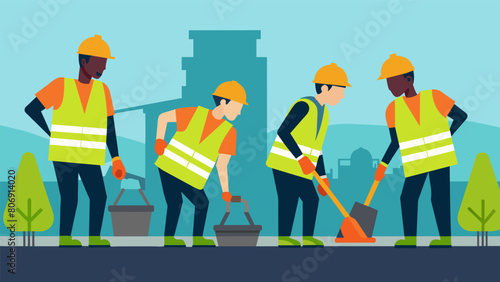 Workers in fluorescent vests and hard hats working together to lay the foundation of the future transportation hub.. Vector illustration