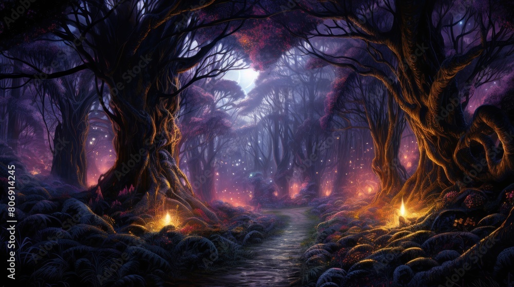 Fototapeta premium Night view of the fantasy dark forest.