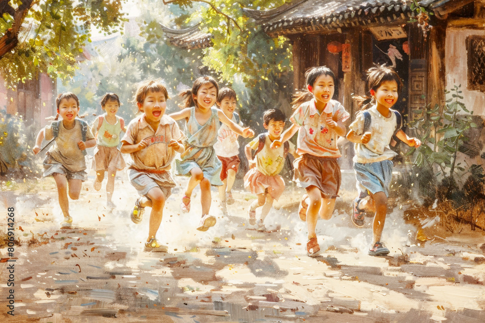 Group of Children Running Down Street. Generative AI