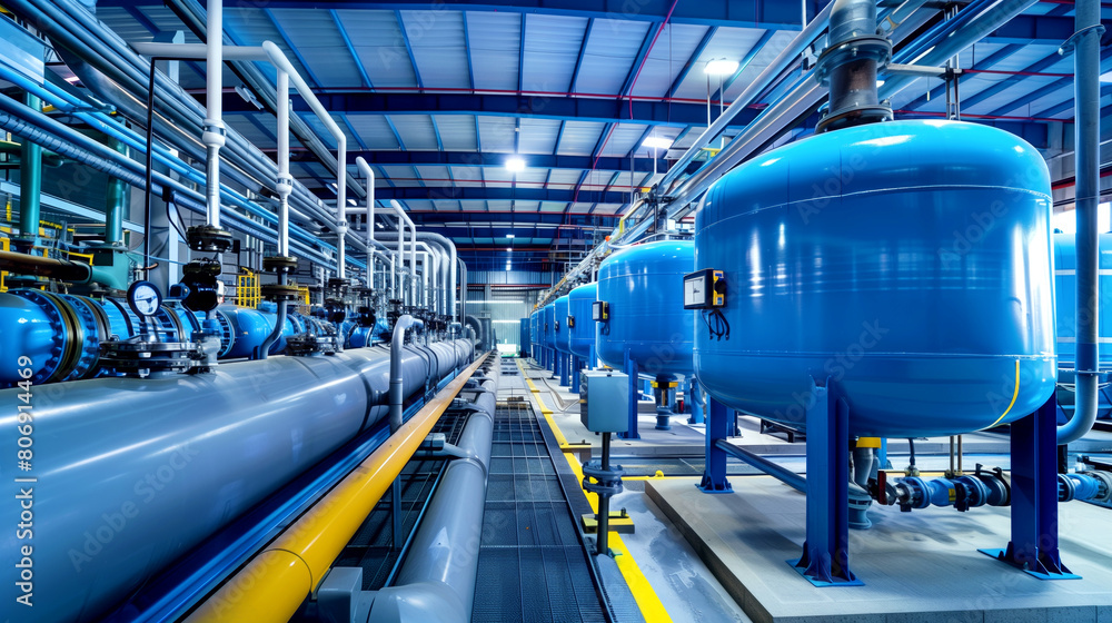 Interior of an expansive industrial facility featuring large blue tanks and an array of pipes. Interior of an expansive industrial facility featuring large blue tanks and an array of pipes.
