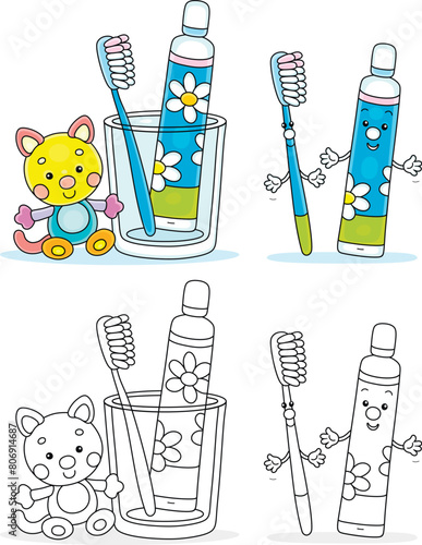 Funny cartoony toothbrush and toothpaste for baby teeth cleaning, a set of color and black-and-white vector cartoon illustrations