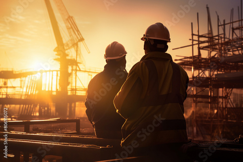 Generative AI picture Portrait of construction worker wearing a protective safety uniform clothes helmet at big building