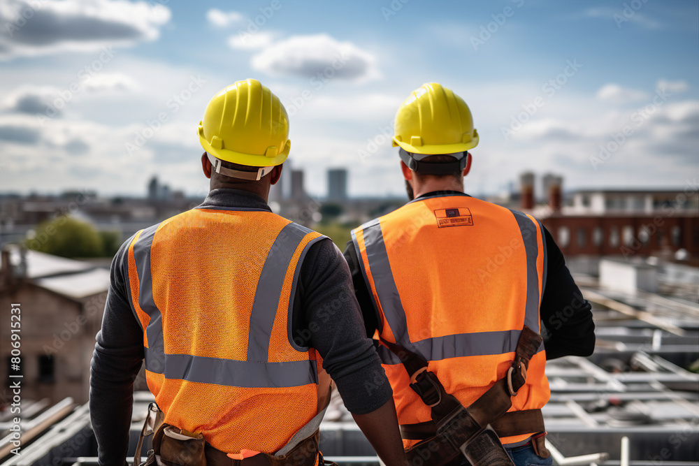 Generative AI picture Portrait of construction worker wearing a protective safety uniform clothes helmet at big building Generative AI picture Portrait of construction worker wearing a protective safety uniform clothes helmet at big building