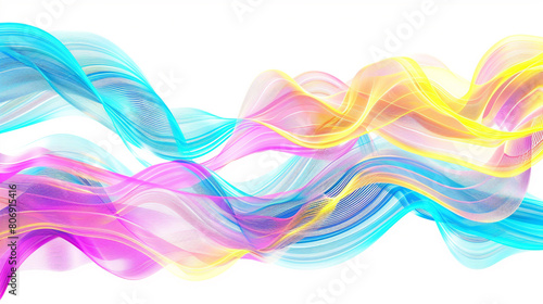 Multicolor neon waves in a spectrum of electric blue, pink, and yellow, dancing vibrantly against a white background © Glenn Finch