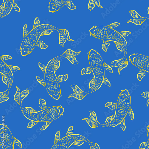Koi Fish seamless pattern on Blue color Background