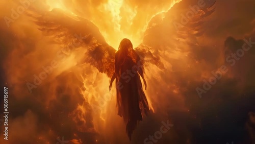 Demon falls from heaven against divine light paradise fading in background. Concept Heavenly, Fallen Angel, Divine Light, Paradise Lost, Dramatic Scene photo
