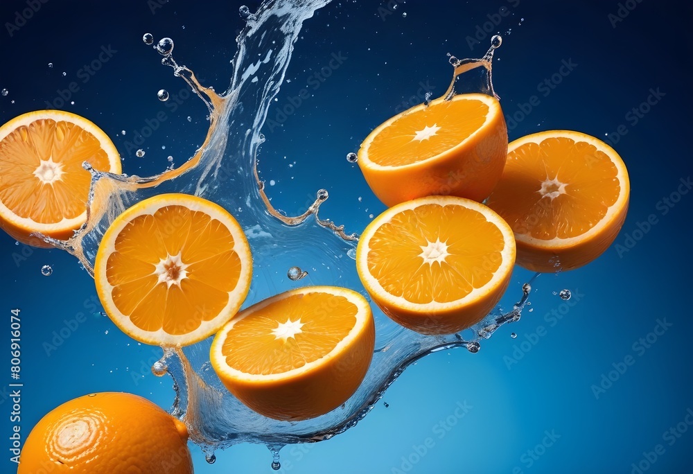 sliced oranges floating im water splashes sliced oranges floating im water splashes
