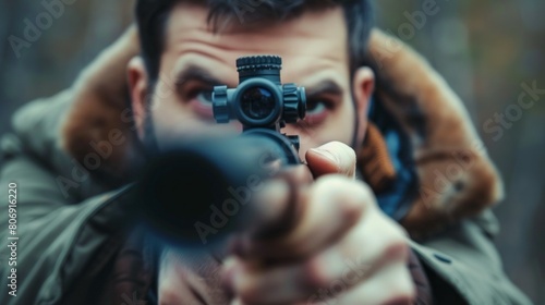 A man with a gun is looking at the camera