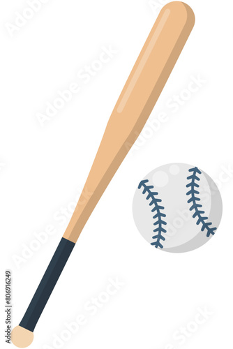 Baseball bat and ball illustration in flat style isolated on white background.