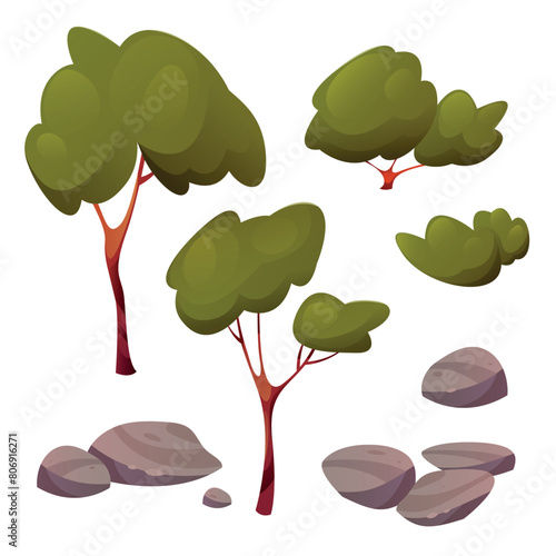 Vector set of cartoo trees and stones.