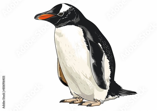 Realistic Hand-Drawn Illustration of a Standing Gentoo Penguin Isolated on White Background photo