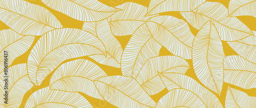 Tropical leaf line art wallpaper background vector. Natural leaves pattern design in minimalist linear contour simple style. Design for fabric, print, cover, banner, decoration.