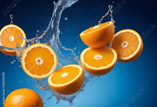 sliced oranges floating im water splashes