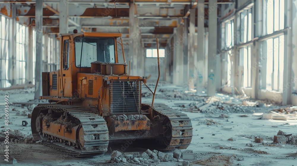 This is an image of a bulldozer in an abandoned building. The bulldozer is old and rusty, and the building is in disrepair. This is an image of a bulldozer in an abandoned building. The bulldozer is old and rusty, and the building is in disrepair.