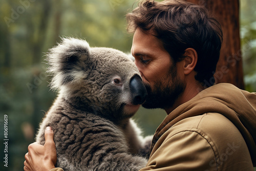 Portrait of a happy man hugging his best friend animal pet created with generative AI photo