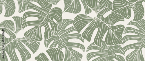 Tropical leaf line art background vector. Green monstera leaves pattern design wallpaper. vector illustration.