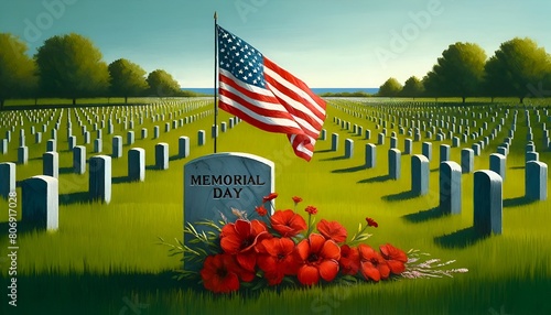 Illustration for memorial day with american flag on flagpole waves gently next to a gravestone. photo