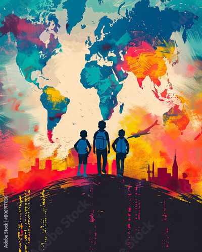 Illustration of a silhouette of young people heading to a city with a world map in the background. Concept of emigration. Poster International Youth Day