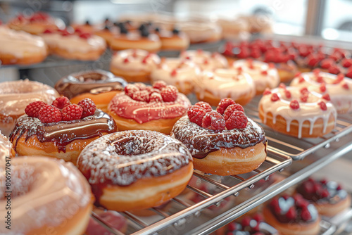 Assorted Doughnuts Displayed on Rack. Generative AI