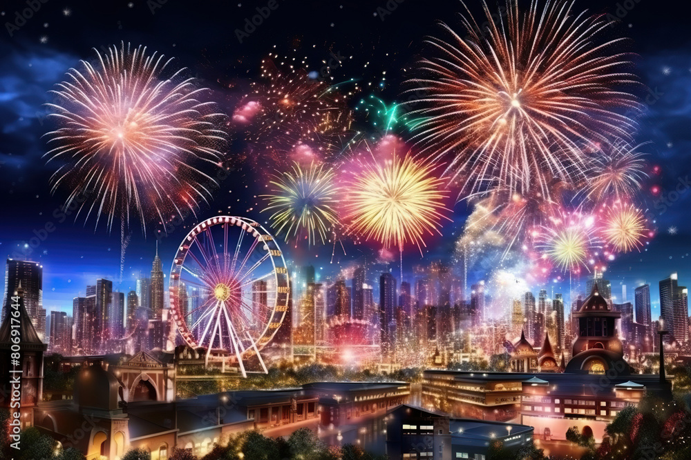 Generative ai on theme festive brightly fireworks on twilight background high in dark sky Generative ai on theme festive brightly fireworks on twilight background high in dark sky