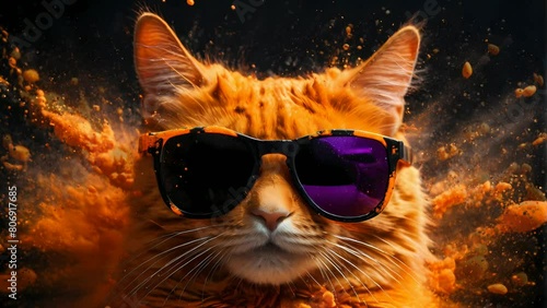 Cute orange cat wear sunglasses video animation photo