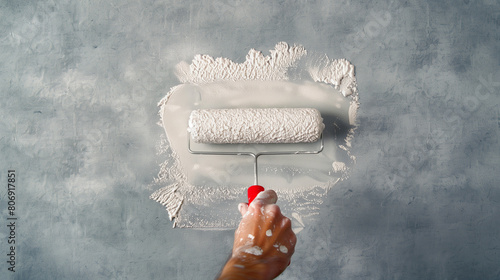 A hand using a paint roller to apply white paint on a textured gray wall, with a focus on renovation or redecoration. photo