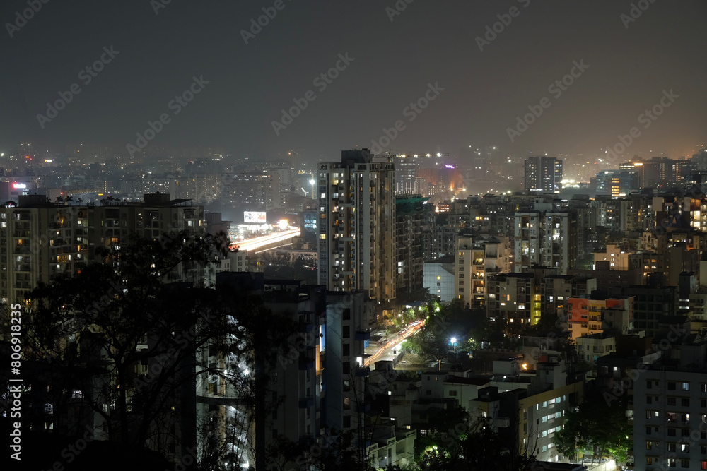 View of Pune in summer, Cityscape Skyline, buildings holdings, Signboards, and banners, Pune, Maharashtra, India