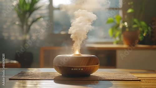 Steam cloud from electric aroma diffuser in room creating a cozy atmosphere. Concept Aroma Diffuser, Steam Cloud, Cozy Atmosphere, Room Decor, Electric Device photo