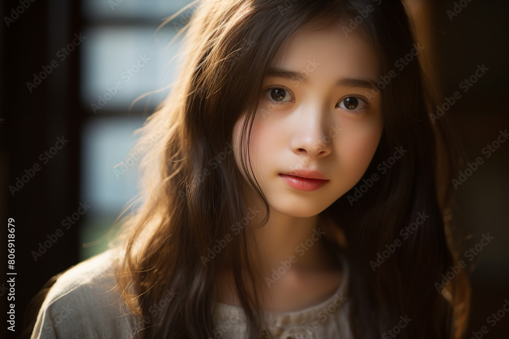 Generative AI image of asian preteen kid in uniform against blurred background Generative AI image of asian preteen kid in uniform against blurred background