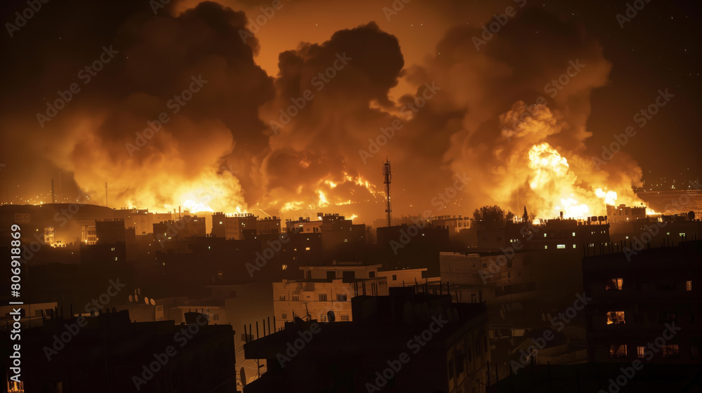 A sizeable fire blazes through a city at night, engulfing buildings and sending flames and smoke into the sky
