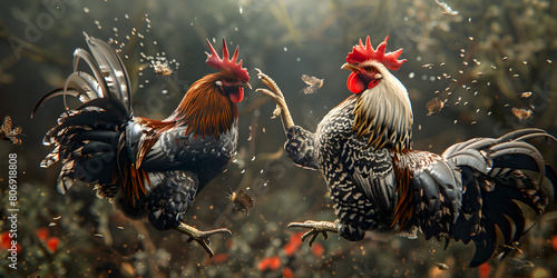 Two fierce roosters engaged in an intense cockfight amidst falling autumn leaves capturing the dynamic energy of the battle,Intense Rooster Fight in a Dusty Field with Flapping Wings.
 photo