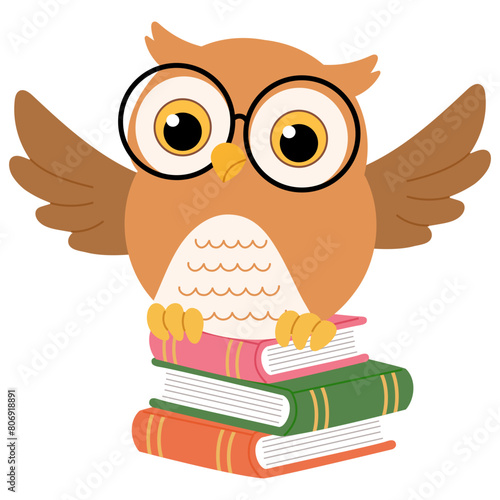 cute owl wearing eye glasses is on book cartoon illustration