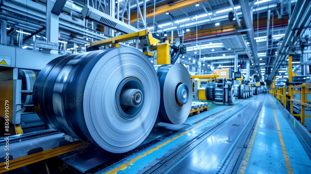 Large rolls of aluminum rotate on machinery in an industrial factory setting with metallic finishes. Large rolls of aluminum rotate on machinery in an industrial factory setting with metallic finishes.