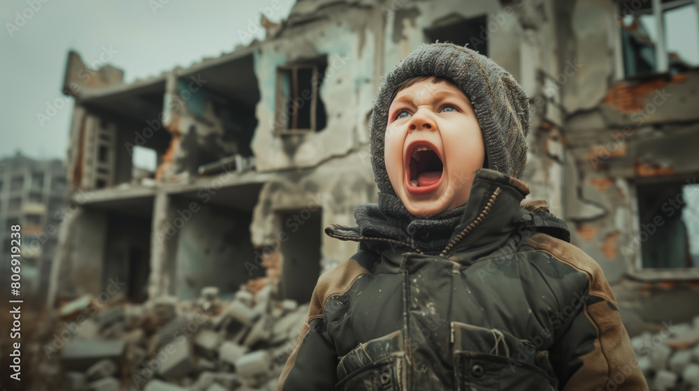 A child crying for an end to the war. Children against war. Peace concept. A child in front of a war destroyed building. A child crying for an end to the war. Children against war. Peace concept. A child in front of a war destroyed building.