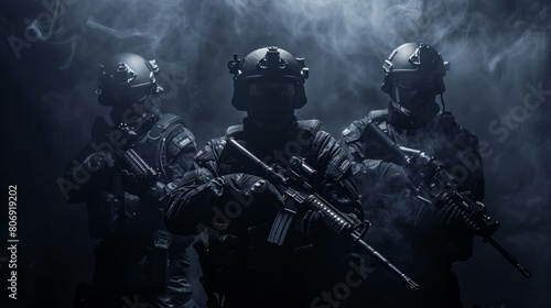 Three soldiers stand in front of a dark background with smoke in the air