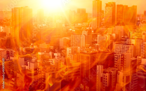 Obraz na plátne extreme high temperature hot city environment urban cityscape fire burn from monster heat wave climate global warming