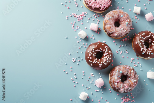 Three Donuts With Sprinkles and Marshmallows on a Blue Surface. Generative AI photo