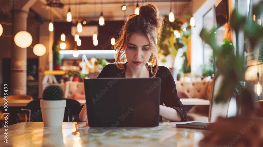 A woman sitting at a table, focused on her laptop screen A woman sitting at a table, focused on her laptop screen