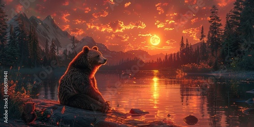 A brown bear sits by the lake against the backdrop of the full moon in a wild forest landscape. photo