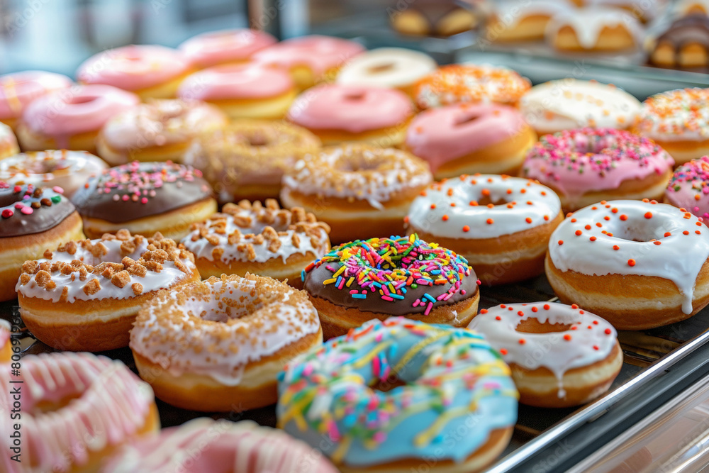 Assorted Flavored Donuts Displayed in a Case. National Donut (Doughnut) day. Generative AI