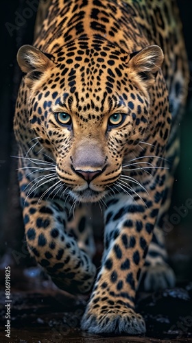 AI generated illustration of a focused leopard staring forward