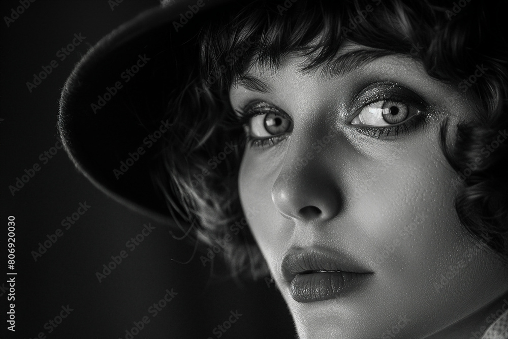 Portrait of beautiful young femme fatale woman in cinematic film black white style generative AI