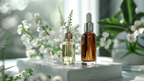 Two glass skincare bottles with droppers on a white stand, surrounded by delicate white flowers.