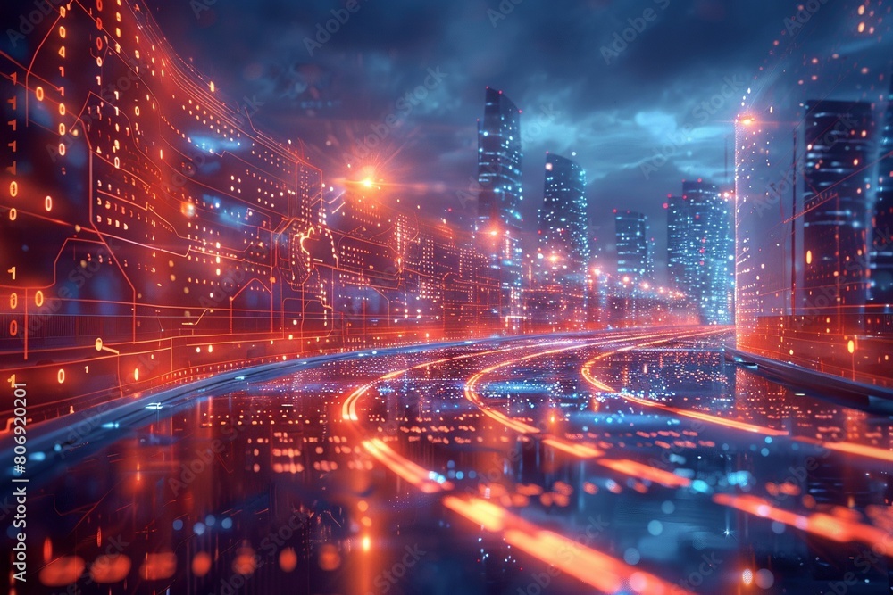 Fototapeta premium A holographic projection of real-time data analytics streams across a futuristic information superhighway, visualized in shades of red and blue.