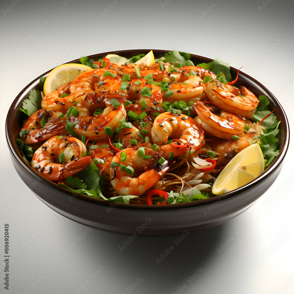 Fried prawns with rice and vegetables in a black bowl Fried prawns with rice and vegetables in a black bowl