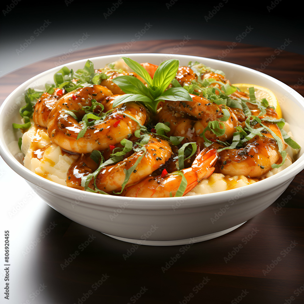 Fried prawns with rice and vegetables in a white bowl Fried prawns with rice and vegetables in a white bowl