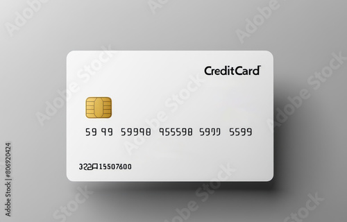 Unbranded white credit card mockup, grey surface, minimalist design, embossed sample digits, name field, suitable for brand visualization, presentation needs