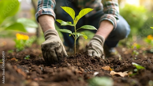 Person planting trees in community garden to promote local food production. Concept Community Garden, Tree Planting, Local Food Production, Sustainable Practices photo